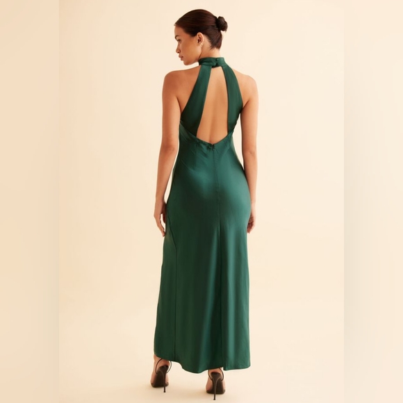 DYNAMITE Satin Halter Evening Wedding Maxi Slit Dress Open Back in Jewel Green S - Picture 4 of 6